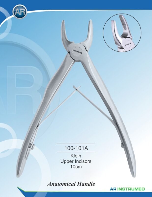 AR INSTRUMED Extracting Forceps anatomical handle Klein upper incisors 10cm stainless steel dental instrument Pakistan polished finish anatomically contoured Klein beaks ergonomic anatomical handle dental forceps for clinics hospitals and laboratories in Pakistan