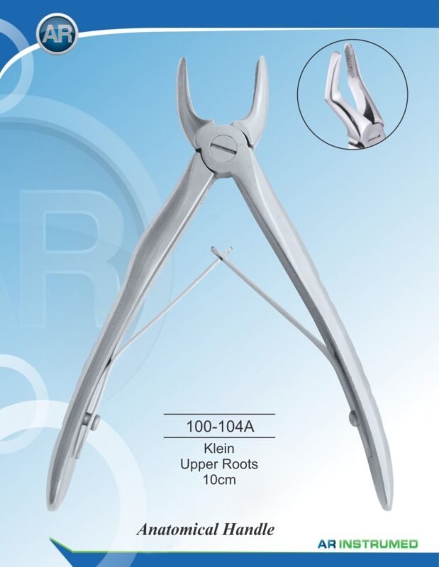 AR INSTRUMED Extracting Forceps anatomical handle Klein upper roots 10cm stainless steel dental instrument Pakistan polished finish narrow anatomically contoured Klein beaks ergonomic anatomical handle dental forceps for clinics hospitals and laboratories in Pakistan