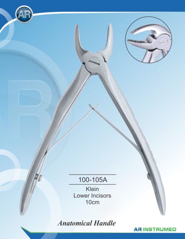 AR INSTRUMED Extracting Forceps anatomical handle Klein lower incisors 10cm stainless steel dental instrument Pakistan polished finish anatomically contoured Klein beaks ergonomic anatomical handle dental forceps for clinics hospitals and laboratories in Pakistan