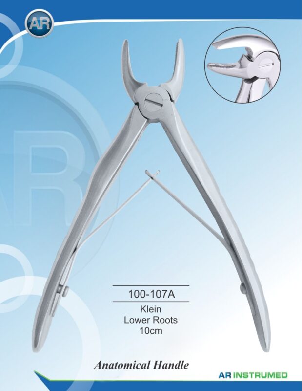 AR INSTRUMED Extracting Forceps anatomical handle Klein lower roots 10cm stainless steel dental instrument Pakistan polished finish narrow anatomically contoured Klein beaks ergonomic anatomical handle dental forceps for clinics hospitals and laboratories in Pakistan