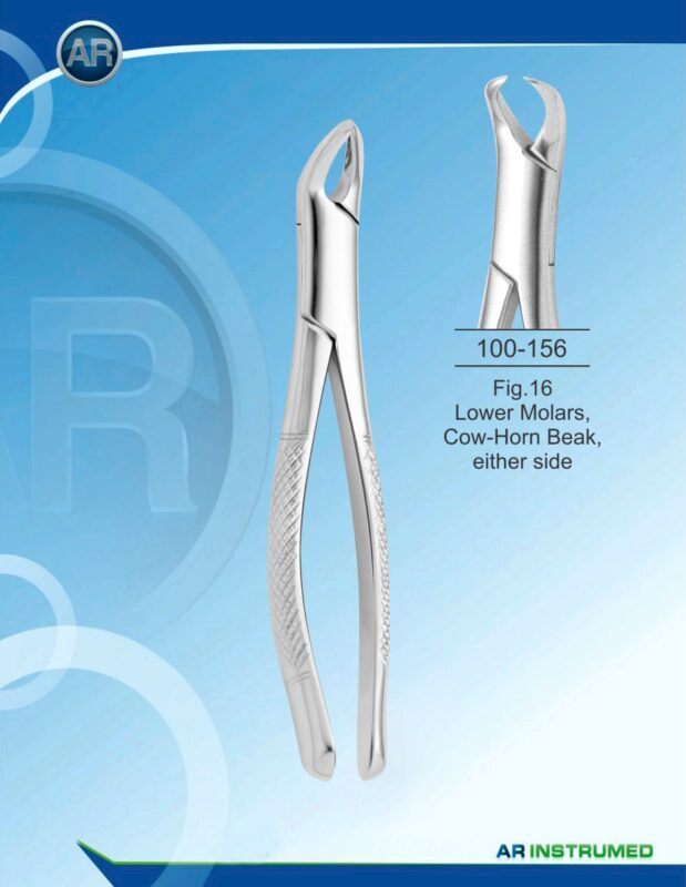Extracting Forceps American Pattern Fig.16 Lower Molars Cow-Horn Beak Either Side Pakistan dental extraction instrument stainless steel forceps with ergonomic handle for professional dental instruments and dental supplies.