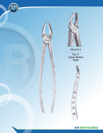 AR INSTRUMED Upper Right Molar Extraction Forceps, micro-serrated tri-prong jaws for strong grip, hollow ergonomic handle