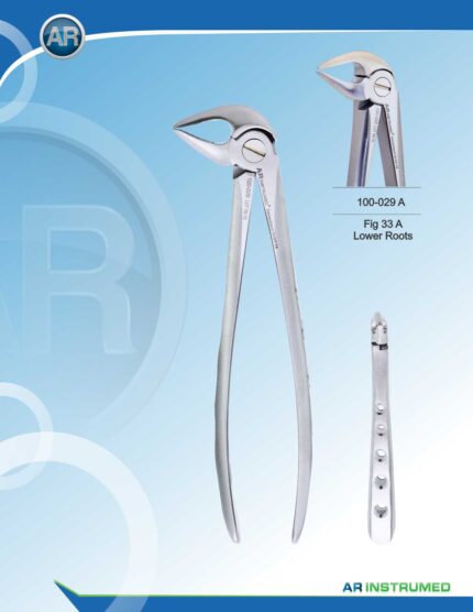 AR INSTRUMED Lower Roots Extracting Forcep, angled curved tip with thin serrated jaws for precise root removal, hollow python grip handle