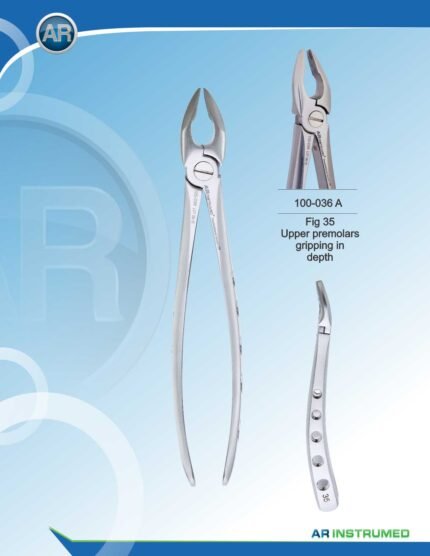 AR INSTRUMED Upper Premolar Extracting Forcep, angled curved tip with thin serrated jaws for precise removal, hollow python grip handle