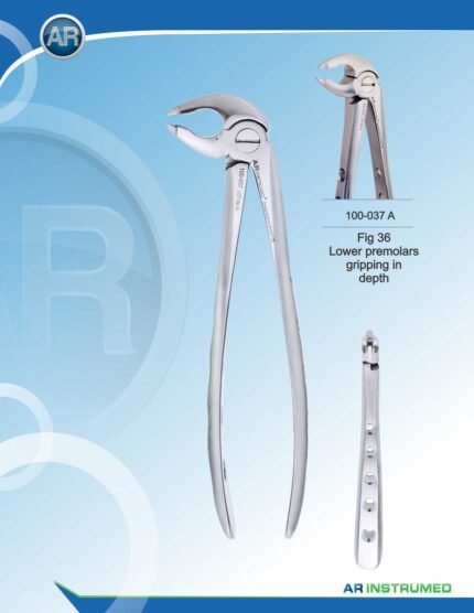 AR INSTRUMED Lower Premolar Extracting Forcep, angled curved tip with thin serrated jaws for precise removal, hollow python grip handle