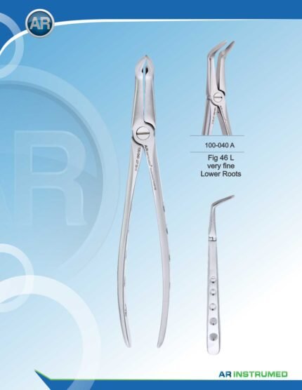 AR INSTRUMED Lower Roots Dental Extraction Forcep Fig 46L, curved beak with thin serrated jaws for secure root grip, hollow Python grip handle