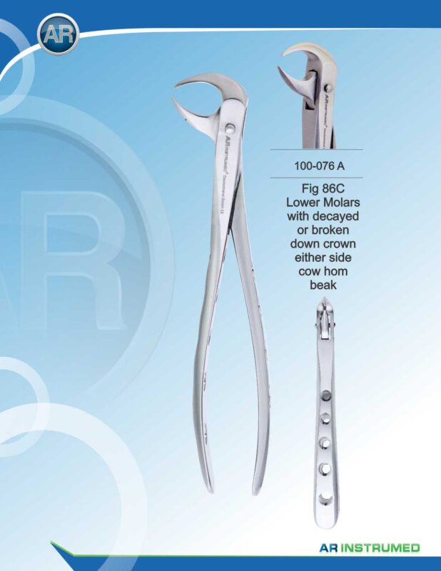 AR INSTRUMED Lower Molar Extracting Forcep, angled curved beak with thin serrated jaws for firm grip, hollow Python grip handle