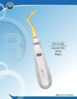 Root Elevator Apical 302 3mm Left Gold titanium nitride coated stainless steel dental instrument Pakistan Apical 302 left curved 3mm root elevator ergonomic non slip handle root tip retrieval oral surgery instrument for dental clinics hospitals implant practices and laboratories in Pakistan