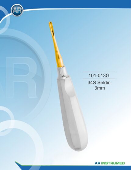 Root Elevator 34S Seldin 3/20mm Gold titanium nitride coated stainless steel dental instrument Pakistan 3mm Seldin root elevator 20mm working reach ergonomic non slip handle atraumatic tooth extraction oral surgery instrument for dental clinics hospitals implant practices and laboratories in Pakistan