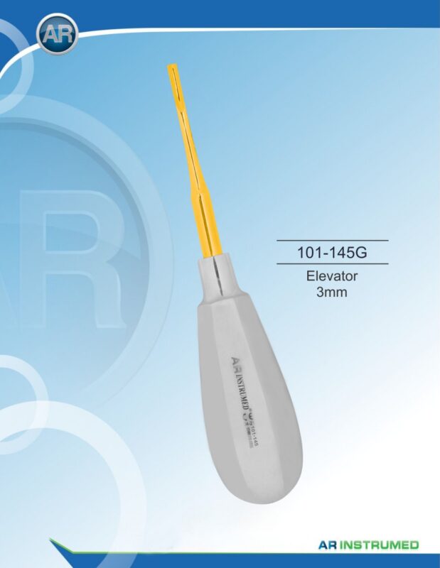 Root Elevator 3mm Gold Pakistan dental extraction instrument gold coated root elevator stainless steel 3mm tip ergonomic handle professional dental instruments Pakistan dental supplies.