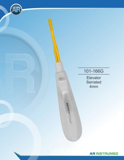 Root Elevators Elevator Serrated 4mm Gold Pakistan dental extraction instrument stainless steel gold-coated serrated root elevator with ergonomic handle for professional dental instruments and dental supplies.