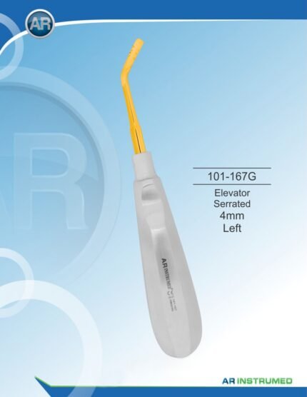 Root Elevators Elevator Serrated 4mm Left Gold Pakistan dental extraction instrument stainless steel gold-coated left serrated root elevator with ergonomic handle for professional dental instruments and dental supplies.