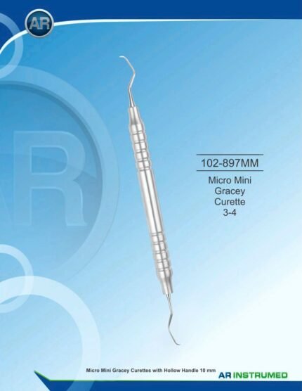 AR INSTRUMED Micro Mini Gracey Curette 3–4 stainless steel periodontal curette with 10mm hollow handle for anterior subgingival scaling and root planing, Pakistan dental instrument supplier wholesale.