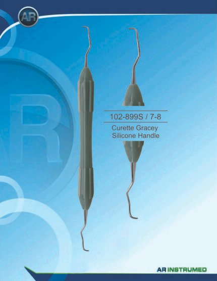AR INSTRUMED Gracey Curette 7–8 stainless steel periodontal curette with light green ergonomic silicone handle for posterior subgingival scaling and root planing, Pakistan dental instrument supplier wholesale.
