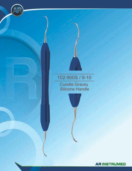 AR INSTRUMED Gracey Curette 9–10 stainless steel periodontal curette with blue ergonomic silicone handle for posterior subgingival scaling and root planing, Pakistan dental instrument supplier wholesale.