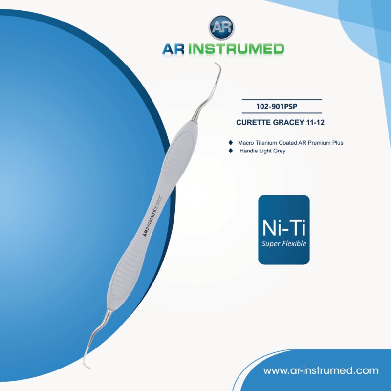 AR Gracey Curettes 11–12 Niti super flexible dental instrument with light gray premium handle for posterior mesial scaling and root planing procedures.