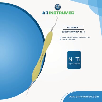 AR Gracey Curettes 13–14 Niti super flexible dental instrument with light yellow Premium Pro handle for posterior distal scaling and root planing procedures.