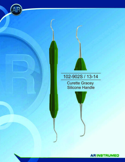 AR INSTRUMED Gracey Curette 13–14 stainless steel periodontal curette with green ergonomic silicone handle for posterior subgingival scaling and root planing, Pakistan dental instrument supplier wholesale.