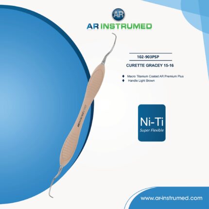 AR Gracey Curettes 15–16 Niti super flexible dental instrument with brown Premium Pro handle for posterior distal scaling and root planing procedures.
