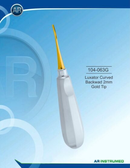AR INSTRUMED Luxator Curved Backward 2mm Gold stainless steel dental instrument Pakistan gold titanium nitride coated corrosion resistant finish specialised 2mm backward curved blade ergonomic non slip handle dental luxator for clinics hospitals and laboratories in Pakistan