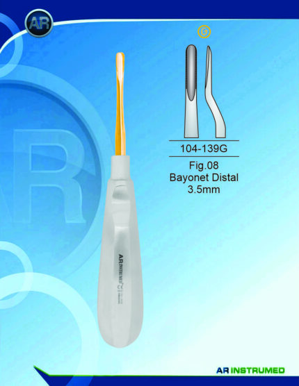 AR INSTRUMED Root Elevator Fig.08 Bayonet Distal 3.5mm Gold dental instrument Pakistan gold coated bayonet root elevator ergonomic handle professional dental extraction instrument Pakistan