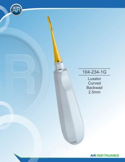 AR INSTRUMED Luxator Curved Backward 2.5mm Gold stainless steel dental instrument Pakistan gold titanium nitride coated corrosion resistant finish specialised 2.5mm backward curved blade ergonomic non slip handle dental luxator for clinics hospitals and laboratories in Pakistan