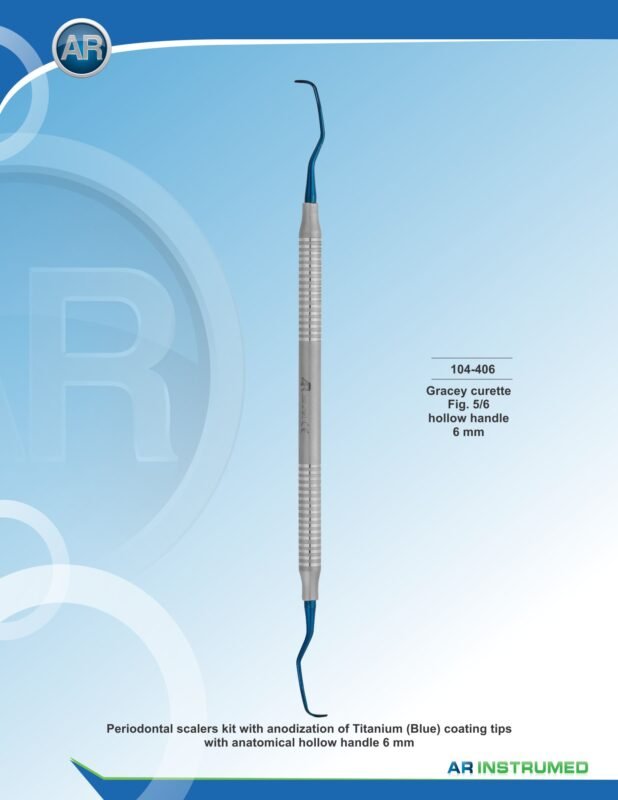 AR INSTRUMED Gracey Curette Fig. 5/6 Titanium/Plasma Blue coated stainless steel periodontal curette with solid 6mm ergonomic handle for subgingival scaling and root planing, Pakistan dental instrument supplier wholesale.