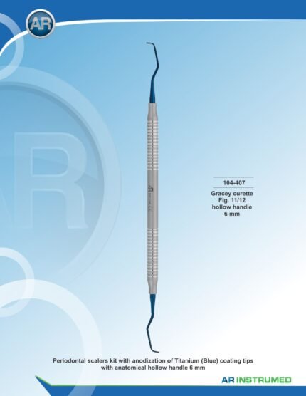 AR INSTRUMED Gracey Curette Fig. 11/12 Titanium/Plasma Blue coated stainless steel periodontal curette with solid 6mm ergonomic handle for subgingival scaling and root planing, Pakistan dental instrument supplier wholesale.