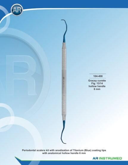 AR INSTRUMED Gracey Curette Fig. 13/14 Titanium/Plasma Blue coated stainless steel periodontal curette with solid 6mm ergonomic handle for subgingival scaling and root planing, Pakistan dental instrument supplier wholesale.