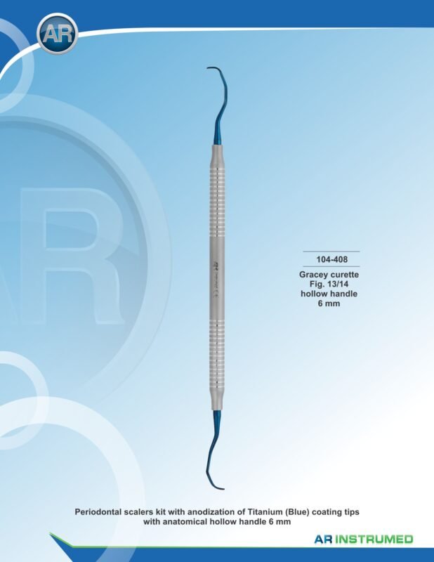 AR INSTRUMED Gracey Curette Fig. 13/14 Titanium/Plasma Blue coated stainless steel periodontal curette with solid 6mm ergonomic handle for subgingival scaling and root planing, Pakistan dental instrument supplier wholesale.