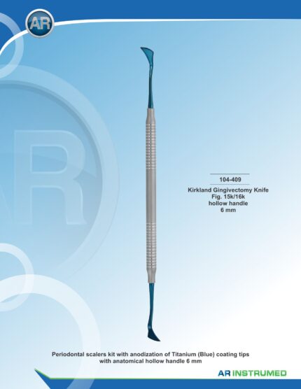 AR INSTRUMED Kirkland Gingivectomy Knife Fig. 15K/16K titanium plasma blue coated stainless steel scaler and curette with solid 6mm ergonomic handle for periodontal surgery, Pakistan dental instrument supplier wholesale.
