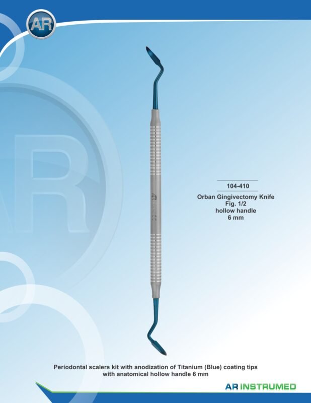 AR INSTRUMED Orban Gingivectomy Knife Fig. 1/2 titanium plasma blue stainless steel periodontal surgical instrument with 6mm solid handle for gingivectomy and periodontal surgery, Pakistan dental instrument supplier wholesale.