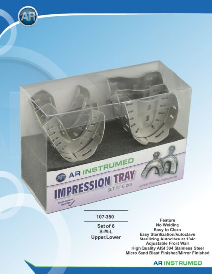 AR INSTRUMED 6-Piece Dental Impression Tray Set, adjustable front walls, ergonomic perforated handles, polished stainless steel