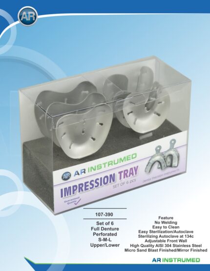 AR INSTRUMED 6-Piece Dental Impression Tray Set, adjustable front walls with smooth edges, ergonomic perforated handles