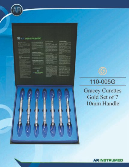 AR INSTRUMED Gracey Curettes Gold Set of 7 stainless steel periodontal curettes with gold-coated working tips and ergonomic 10mm hollow handles for scaling and root planing, Pakistan dental instrument supplier wholesale.