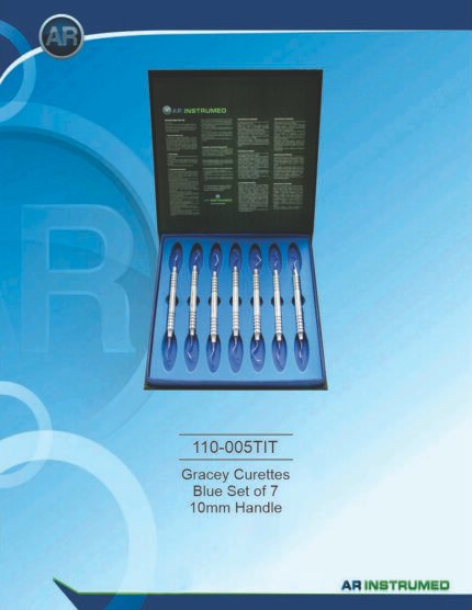 AR INSTRUMED Gracey Curettes Titanium Set of 7 stainless steel periodontal instruments with titanium-coated working tips and 10mm ergonomic handle for scaling and root planing, Pakistan dental instrument supplier wholesale.