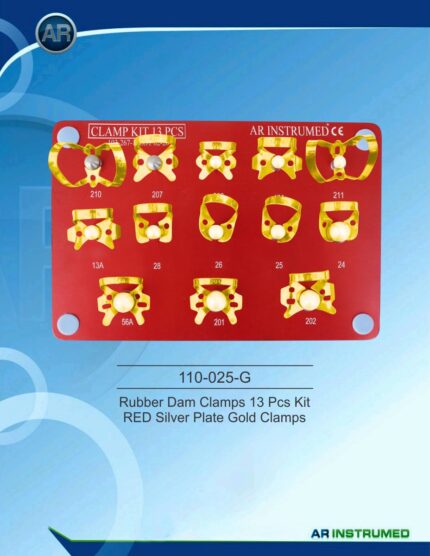 Rubber Dam Clamps 13 Pcs Kit RED Silver Plate Gold Clamps