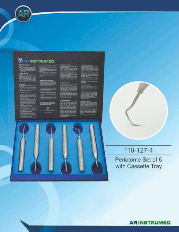 Periotomes Set of 6 with Cassette Tray stainless steel dental instrument Pakistan atraumatic tooth extraction periotome set straight and curved precision blades ergonomic non slip handles stainless steel sterilization cassette tray for dental clinics hospitals implant centres and laboratories in Pakistan