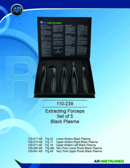 AR INSTRUMED Adults 5 Pcs Extracting Forceps Set, sharp beaks with black plasma-coated finish, hollow python grip handles