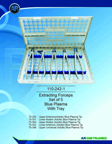 Extracting Forceps Set of 5 Blue Plasma With Tray Pakistan dental extraction instrument set with blue plasma-coated forceps, sterilization tray, ergonomic handles, and professional dental supplies for clinics and hospitals in Pakistan.