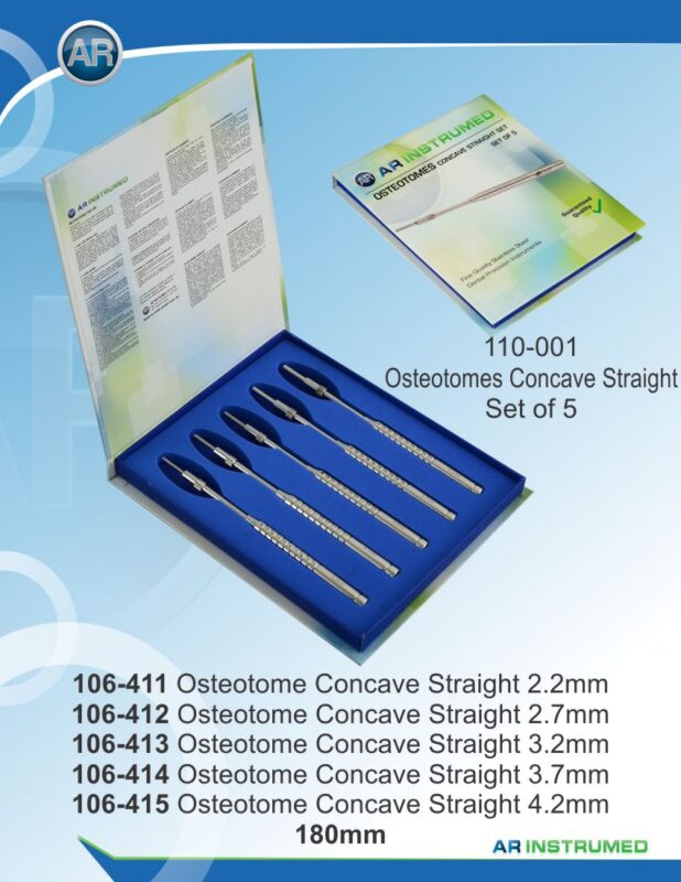 AR INSTRUMED Dental Straight Osteotomes Set, convex-shaped tips for bone condensation and sinus elevation, ergonomic non-slip handles