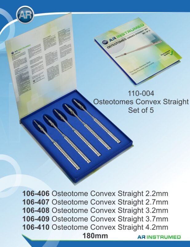 AR INSTRUMED Dental Straight Osteotomes Set, straight concave tips for bone condensation and sinus elevation, ergonomic non-slip handles
