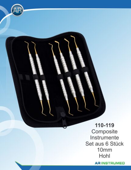 AR INSTRUMED composite instruments set of 6 gold plasma tips stainless steel dental instruments 10mm hollow handles leather case restorative dentistry Pakistan dental clinics hospitals dental supplier wholesale