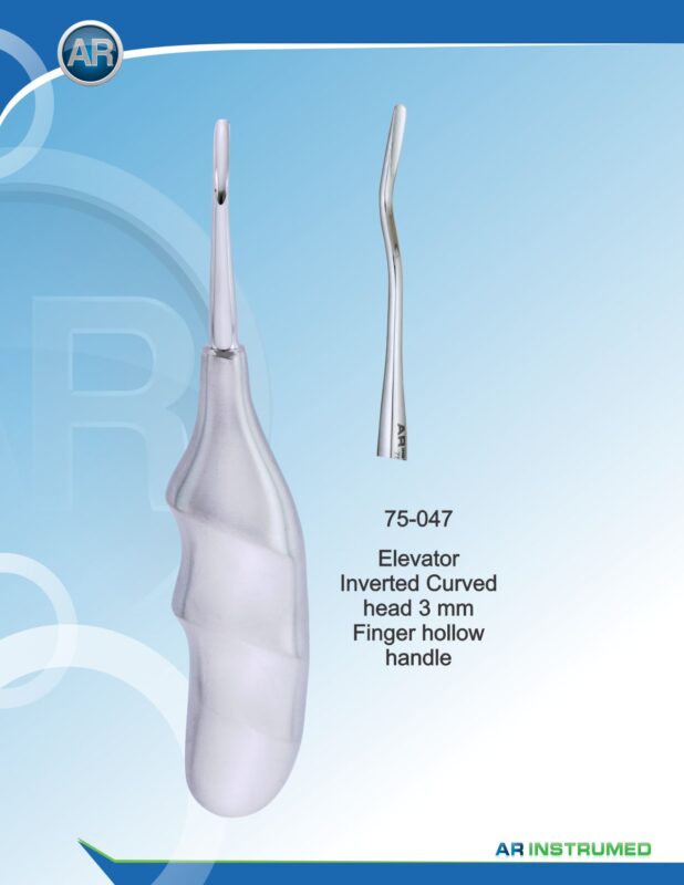 Elevator Inverted Curved Head 3mm Finger Hollow Handle Pakistan dental extraction instrument stainless steel inverted curved elevator 3mm ergonomic hollow handle professional dental instruments Pakistan dental supplies.