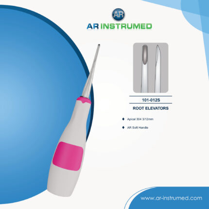 AR INSTRUMED Root Elevator Apical 304 with soft pink silicone handle used for precise tooth and root elevation during dental extraction procedures.