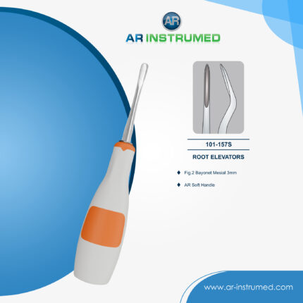AR INSTRUMED Root Elevator Bayonet Mesial with soft orange silicone handle used for precise tooth and root elevation during dental extraction procedures.