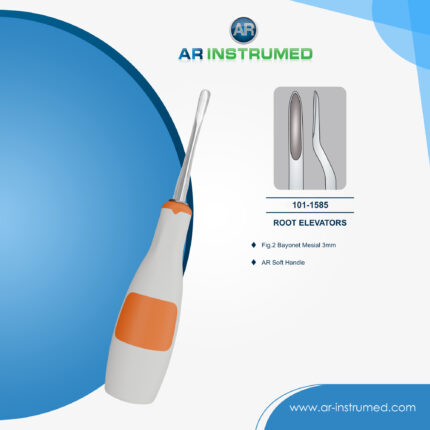 AR INSTRUMED Root Elevator Bayonet Mesial with soft orange silicone handle used for precise tooth and root elevation during dental extraction procedures.