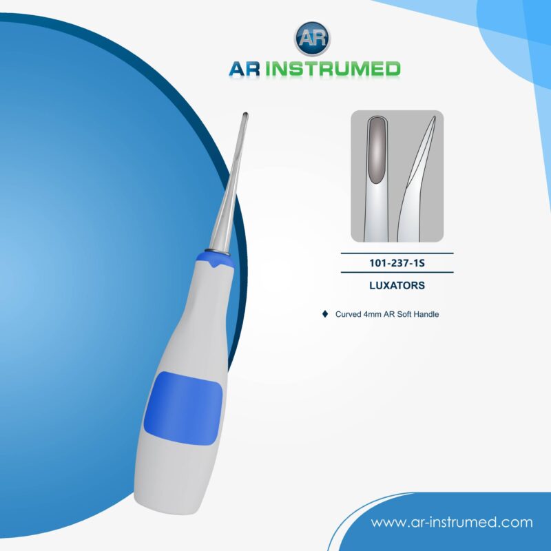AR INSTRUMED Luxator Curved dental extraction instrument with soft blue silicone grip handle for atraumatic tooth and root elevation and loosening procedures.