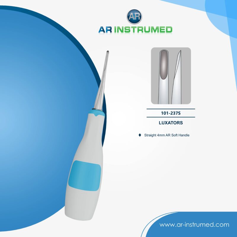 AR INSTRUMED Luxator Straight dental extraction instrument with soft light blue silicone grip handle for atraumatic tooth and root loosening and elevation procedures.