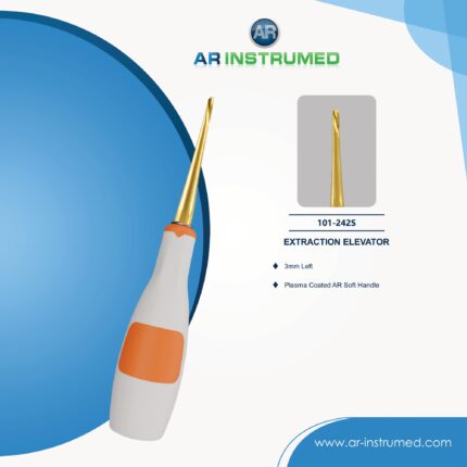 Dental root elevator left with titanium-coated tip and orange silicone handle for precise tooth and root extraction